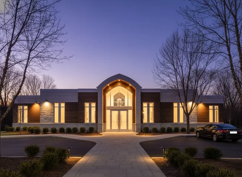 Madison Funeral Home chapel exterior at dusk