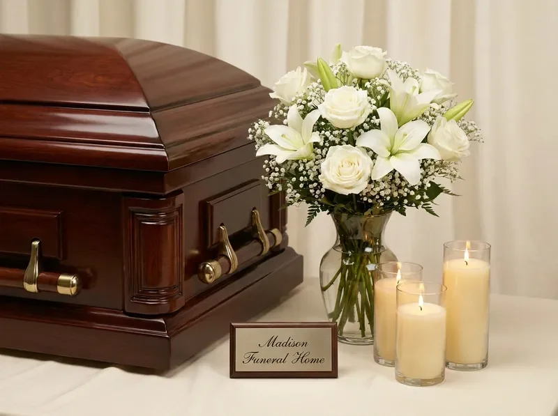 Memorial candles, flowers, and casket detail representing compassionate funeral services at Madison Funeral Home