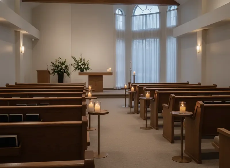 Serene chapel interior at Madison Funeral Home with candlelight and floral arrangements