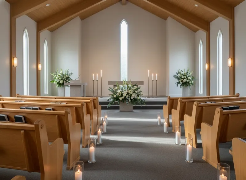 Serene chapel interior at Madison Funeral Home with wooden pews and candlelight