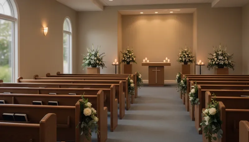 Serene chapel interior at Madison Funeral Home with warm lighting and floral arrangements