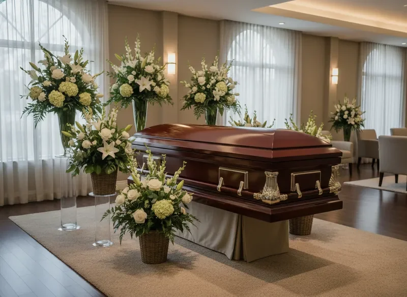 Elegant wooden casket with gold trim in a peaceful viewing room