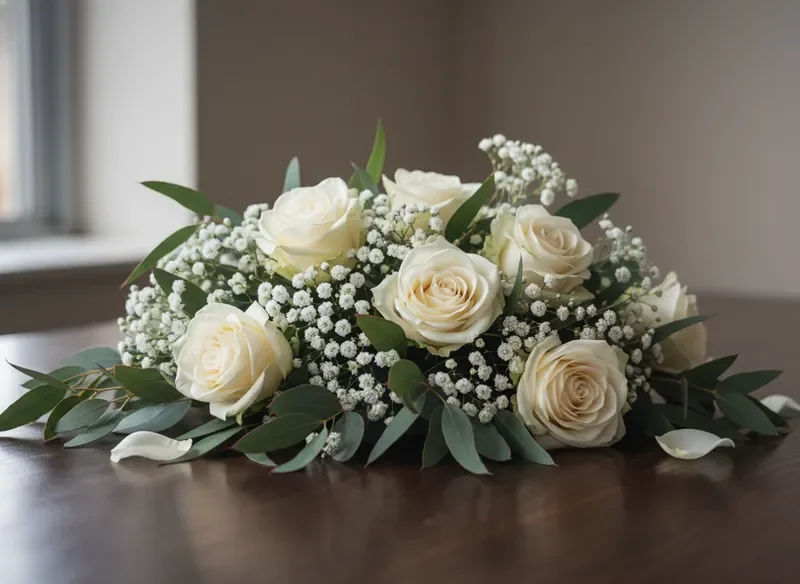 Memorial floral arrangement with ivory roses and eucalyptus