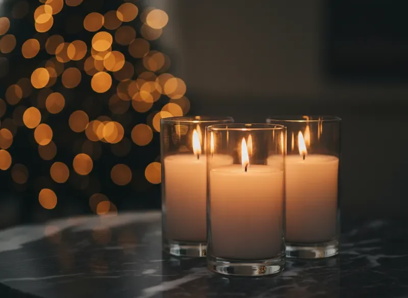 Memorial candles glowing softly in glass holders