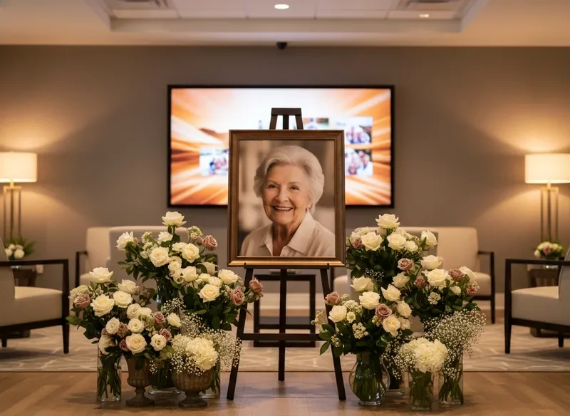 Memorial video tribute display with floral arrangements at Madison Funeral Home